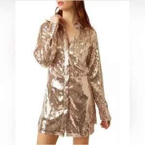 Free People Sophie Sequined Mini Shirtdress Women's M Champagne Snap Closure NEW